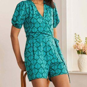 Boden Teal Palm Tile Tie Waist Puff Sleeve Romper Women's, Size 10